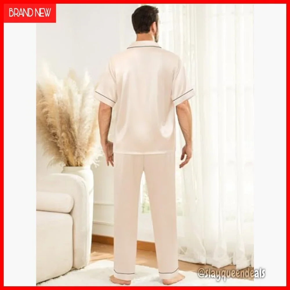 Men's Silk Satin Pajama Set Short Sleeve Sleepwear Lounge with Pockets